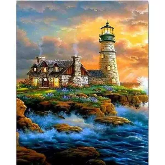 UK ,  Lighthouse Scenery Diamond Painting  Kit, FULL DRILL, Square Diamonds