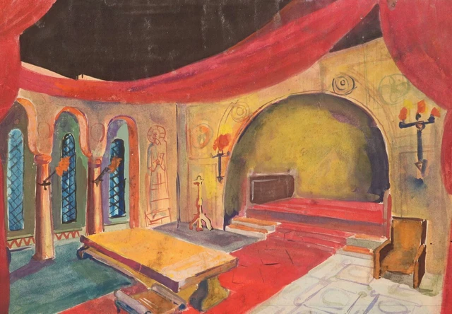 VINTAGE GOUACHE PAINTING Theater stage Medieval house cabinet interior ...