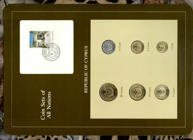Coin Sets of All Nations Cyprus w/card UNC 20,5,2,1 cents 1985 10,1/2 cent 1983