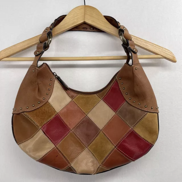 Fossil Studded Strap Patchwork Leather Suede Hobo Shoulder Handbag