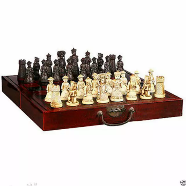 Chinese Wooden Ancient Figures Chess Leather Box with 32 Pieces Chess Set