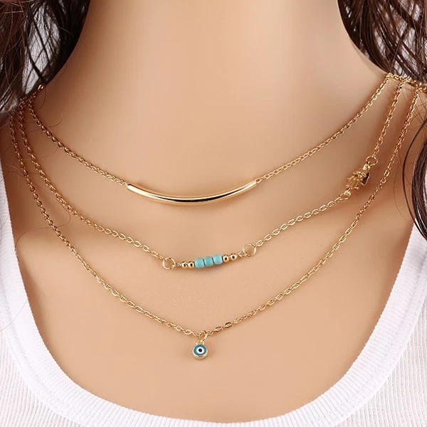 Collier Sautoir Avon - Doubles Rangs, Alliage Argenté Et Lucite Bleue, Très Bon état