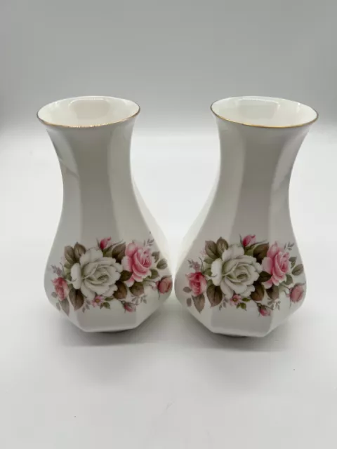 Vintage Festival Rose Fine Bone China 2 x Small Vase 17cm tall- Made In Taiwan