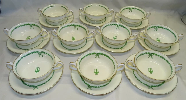 Mintons England Lyre Set of 10 Cream Soups & Saucers Green w/Gold Trim S107