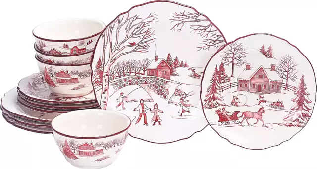 Toile De Jouy Winter Wonderland Ceramics 12Pcs Dinnerware Set, Service for 4, In