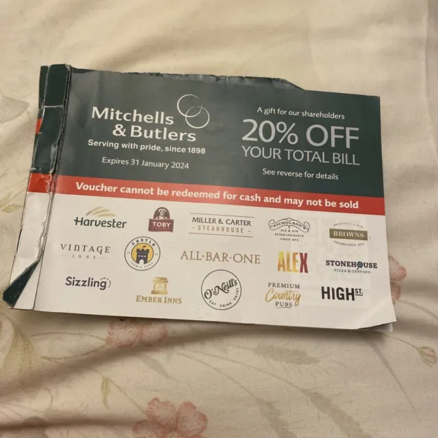 Mitchells and Butlers 20 % off  'Total Bill discount Voucher' for upto 10 people