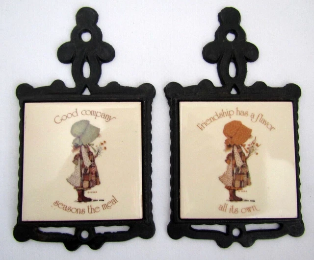 2 Vtg Cast Iron / Ceramic Small Kitchen Trivets Collectible Matching Set 6-1/2"