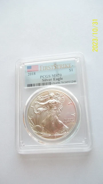 2018 $1 American Silver Eagle Pcgs Ms70 Flag First Strike Label