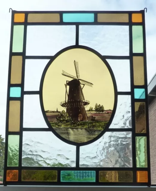 Ancien vitrail vitraux vitrerie Moulin à Vent Hollandais 43,5 x 33,5 cm