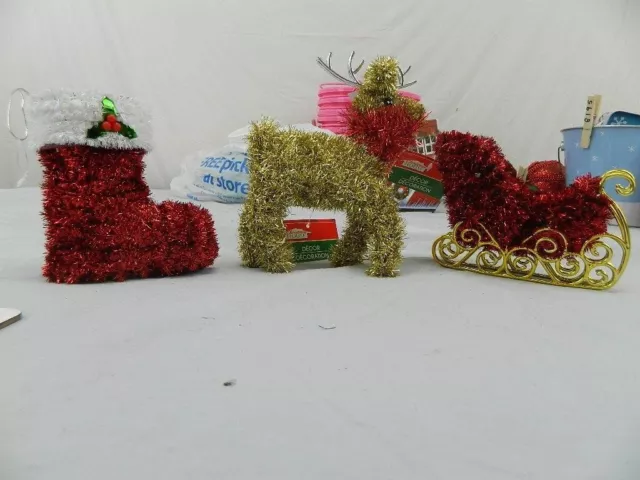 NEW 3 pc  tinsel miniature Christmas Shapes sleigh reindeer stocking craft