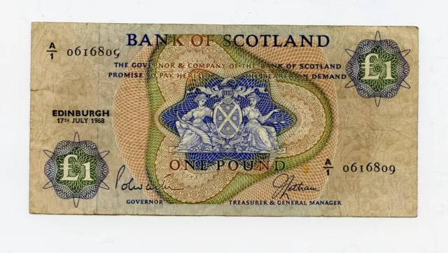 BANK OF SCOTLAND  SCOTTISH £1 BANKNOTE DATED  17th JULY 1968 PREFIX  A1