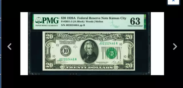 PMG 63  NUMBER DISTRICT# 10 KANSAS Fr 2051-J $20 1928A Federal  UNCIRCULATED ===