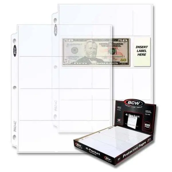 500 BCW Pro 4-Pocket Currency Page (100 CT. Box)