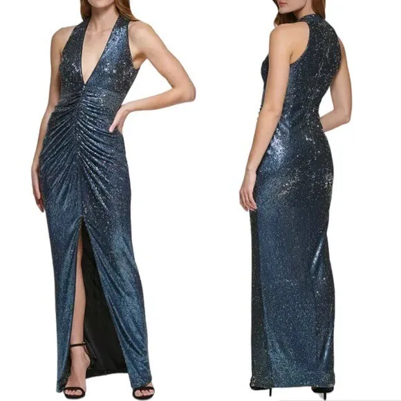 NWT Vince Camuto Plunge Neck Ruched Sequin Long Dress Navy Blue 8 Retail $248