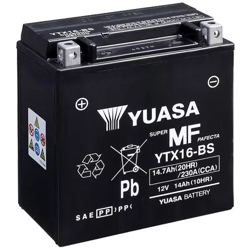 Motorrad Batterie YUASA YTX16-BS AGM geschlossen, 12V|14Ah|CCA:230A 150x87x161mm