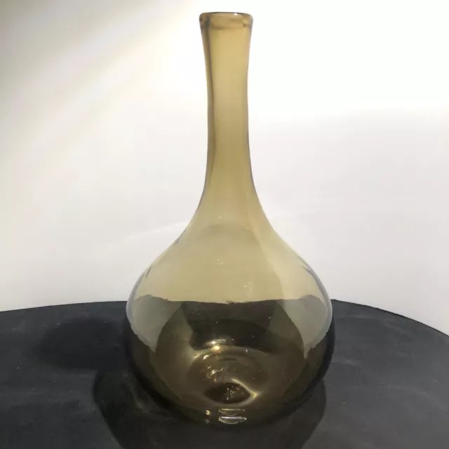 Vintage Blenko Hand Blown Glass Bottle Vase 11" Amber Brown Smoke Mid Century