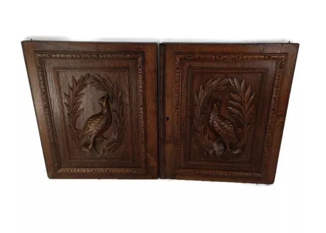 Pair Antique Hand Carved Oak Pheasants Door Panels Reclaimed Architectural Oak G