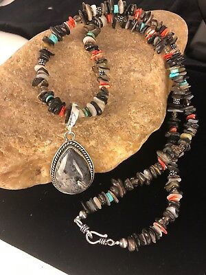 GORGEOUS Turquoise Spiny Navajo Sterling OLD Abalone Necklace Pendant 11886