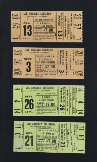 LOT of 4 - VINTAGE 1971 NFL LOS ANGELES RAMS FULL FOOTBALL TICKETS ROMAN GABRIEL