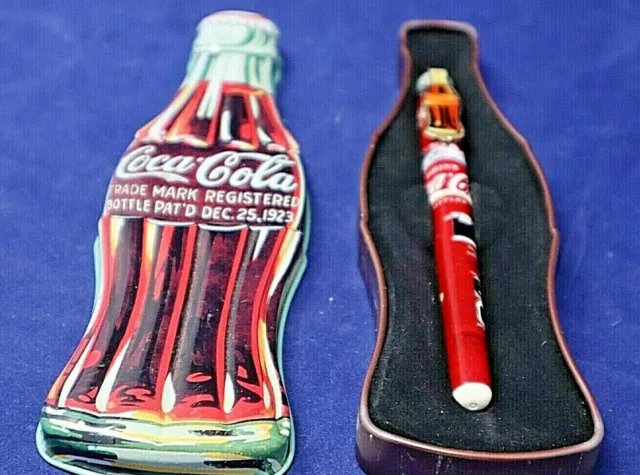 Vintage Coca Cola Ballpoint Pen Clip Lined Case Advertising Bottle Shaped
