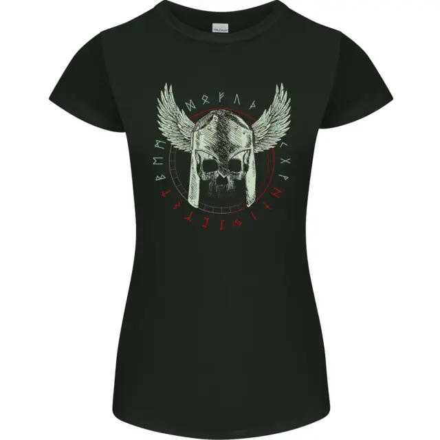 T-shirt Viking Skull Wings Runic Text Palestra Casco Donna Petite Cut