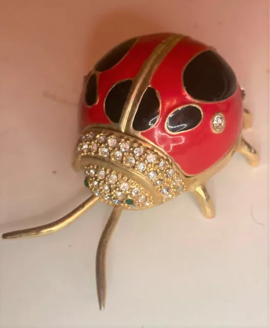 Vtg Ford  Enamel Bejeweled Ladybug Red & Black Trinket Box Magnetic Closure  3"L