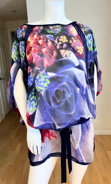 Roberto Cavalli Floral Silk Print Belted Kaftan Tunic Top Sz M Medium