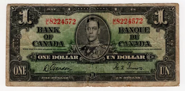 1937 Bank Of Canada One 1 Dollar Bank Note Ul 8224572 Nice Bill Gordon