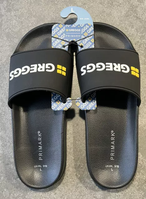 GREGGS X PRIMARK Black Sliders Size UK 9/10 L Brand New With Tags