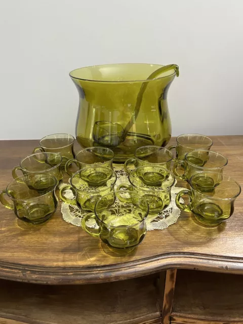 Italian Vintage glass punch bowl set Of 13,Green Blown Glass,(Bowl-11cups-ladle)