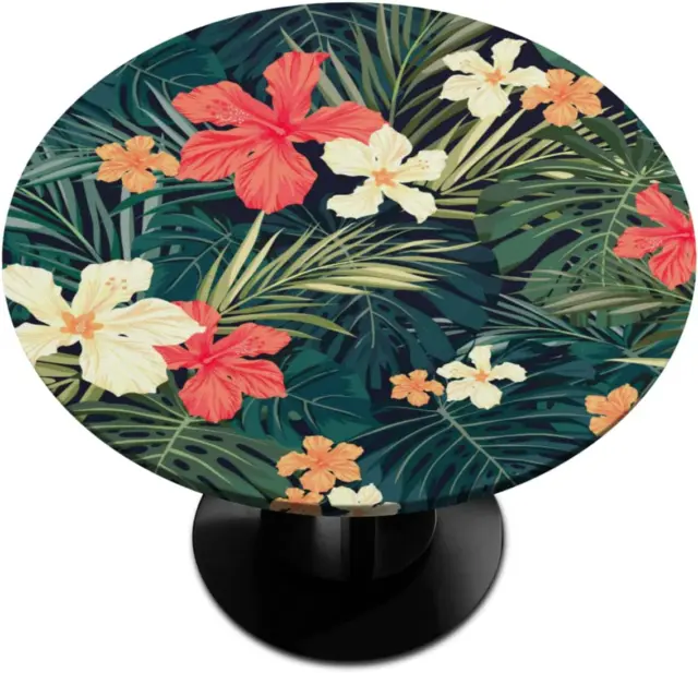 Tropical Flower round Fitted Tablecloth with Elastic Edge, Palm Leaf Table Cover