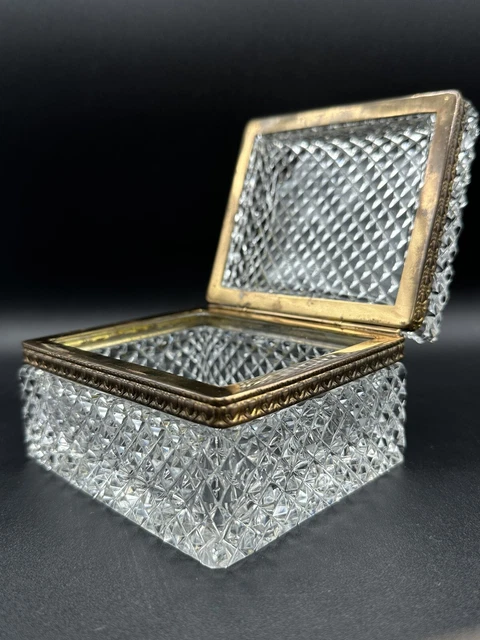 Antique French Gold Glit Brass Cut Crystal Jewel Box Victorian Design