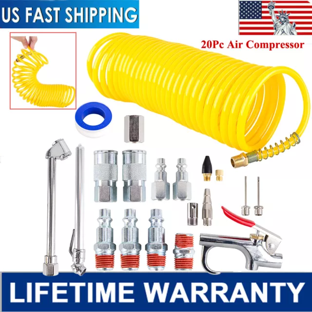 25ft Recoil Set Poly Air Compressor Hose Accessories Piece Nozzles Tool Kit 20Pc