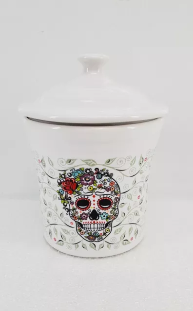 HALLOWEEN jar condiment/jam W/LID white SUGAR SKULL AND VINE fiesta WARE new