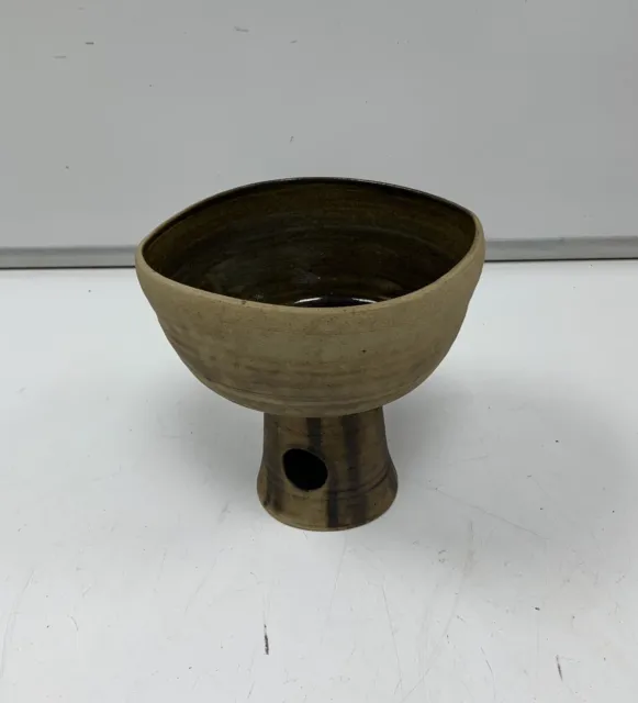 Studio Pottery Ceramic Vintage Pedestal Bowl Handmade Olive Green Bowl
