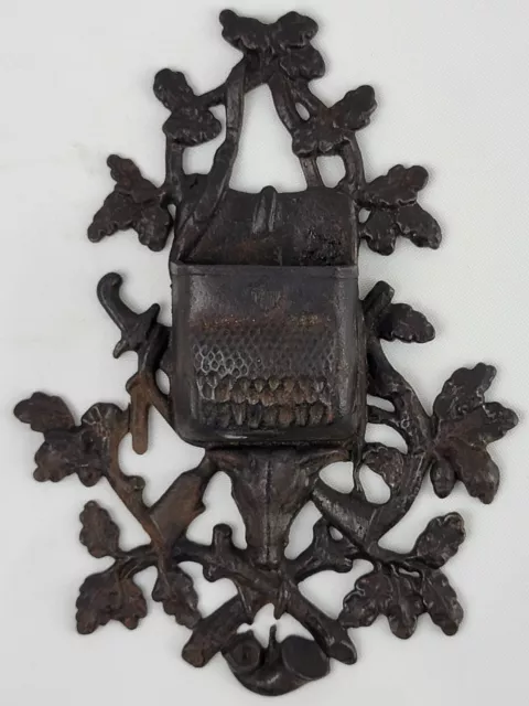 Old Ornate Antique Cast Iron Match Safe Wall Mount Strike Victorian Era Hunter
