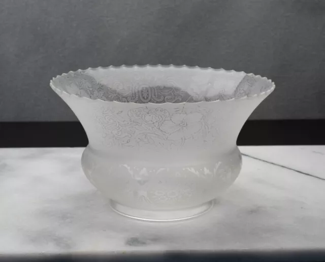 VICTORIAN GAS LAMP Fixture Shade Acid Etched Glass Floral Bird 8” wide 4” fitter