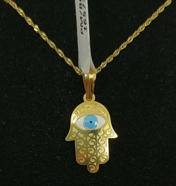 Colgante y cadena oro 18k 750 mls. Mano de Fátima Hamsa con ojo turco. 19,5 mm.