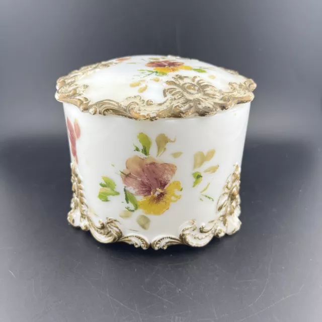 Antique Hand Painted Milk Glass Trinket Dish Box Vanity Box with Lid