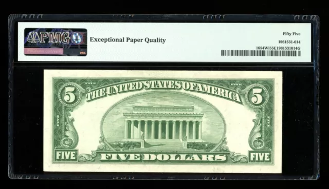 DBR 1934-D $5 Silver Fr. 1654Wi Wide I UA Block PMG 55 EPQ Serial U92621195A 2