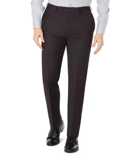 Calvin Klein Men's 30 x 32 Slim-Fit Wool Dress Pants Eggplant Burgundy Plaid