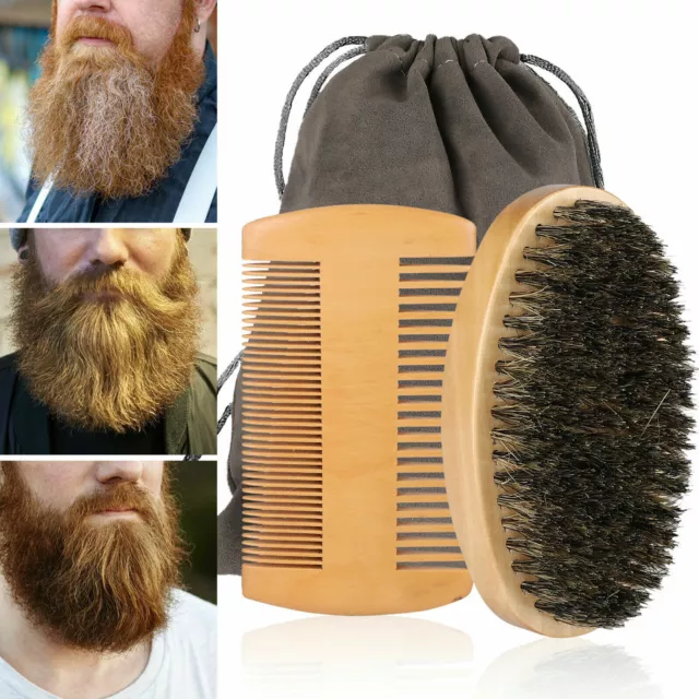 Men's Beard Brush Moustache with Comb Set Kit Wooden Gent Men Boar Bristle UK