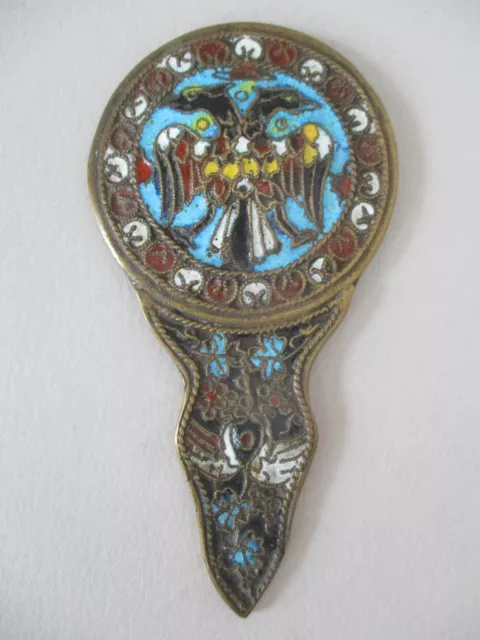 Small Vintage Enamelled Hand-Held Vanity Mirror with Double-Headed Eagle & Swans