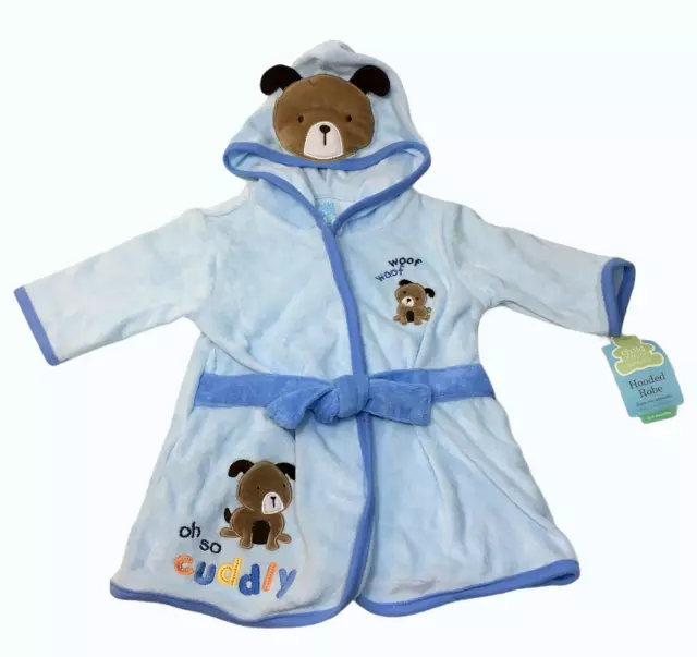 Carters Hooded Robe Boys Blue Terrycloth Bathrobe 0-9M Puppy Dog Cuddly NWT -TAG