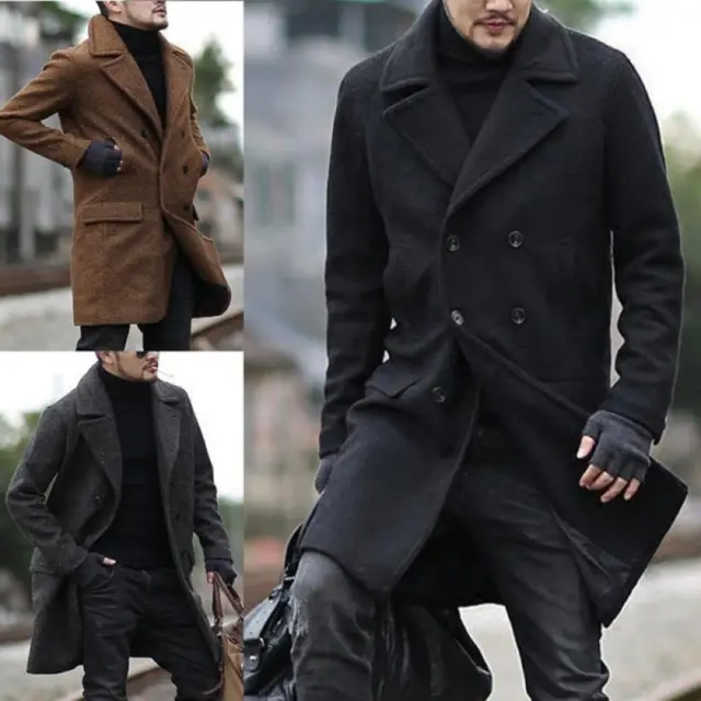 Men's Double-Breasted Lapel Collar Jacket Wool Coat Trench Winter Warm Overcoat