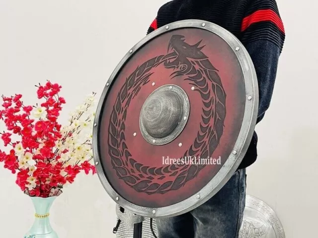 Medieval Viking Ouroboros Battleward Round Wooden Shield For Cosplay Decorative