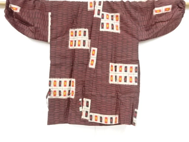 80952# Japanese Kimono / Antique Hippari / Meisen / Woven Abstract Grid