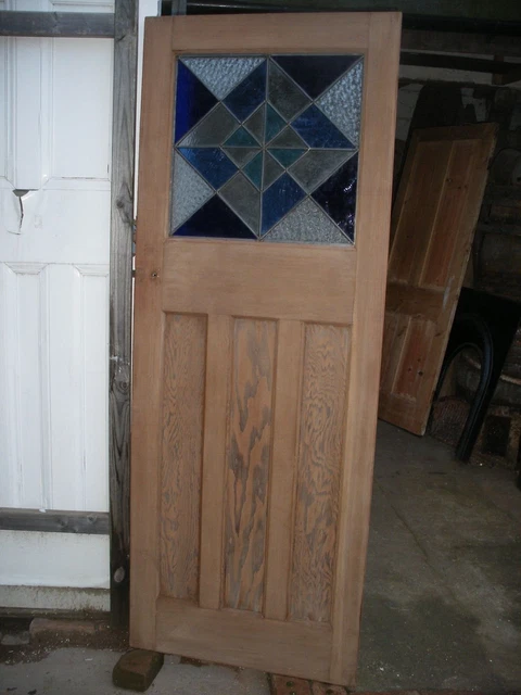 Reclaimed 1930s  stripped pine,  stained glass internal door with geometric