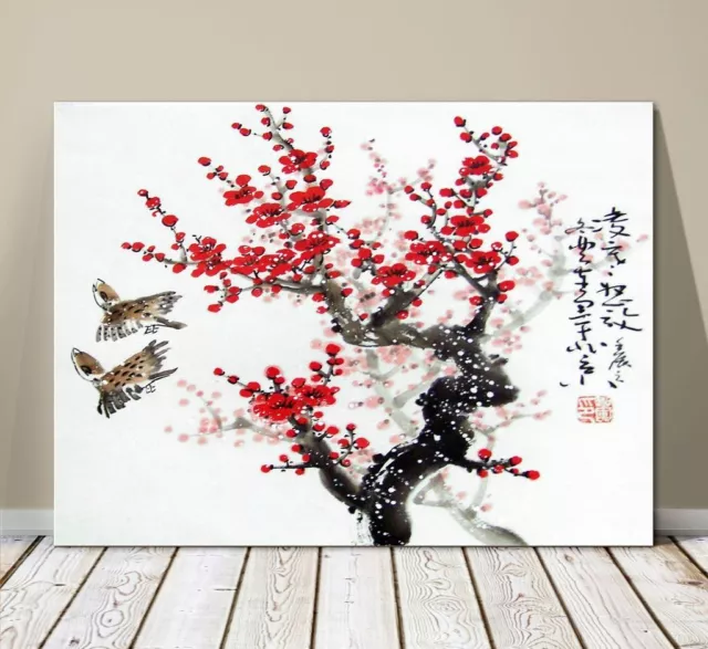 Beautiful Japanese Landscape Art ~ CANVAS PRINT 8x10" ~ Cherry Blossoms 2 Birds