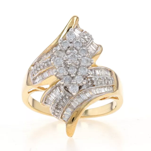 Yellow Gold Diamond Cluster Bypass Ring - 10k Round & Baguette 1.00ctw Ribbon